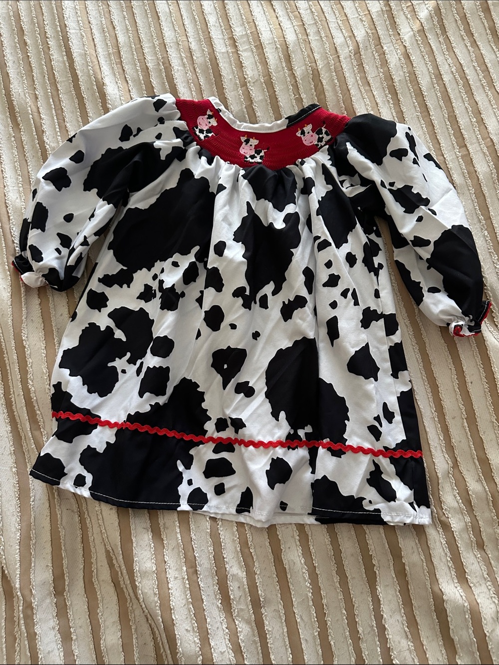 Girls Black & White Cow Print Long Sleeve Top with Red Trim